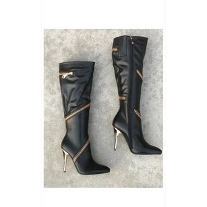 Knee high faux Party BOOT, Gold zipper, gold heel